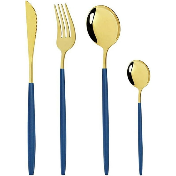 XmhyTop Juego de cubiertos de acero inoxidable reutilizables, cubiertos con espejo (servicio para 10 personas, azul dorado)