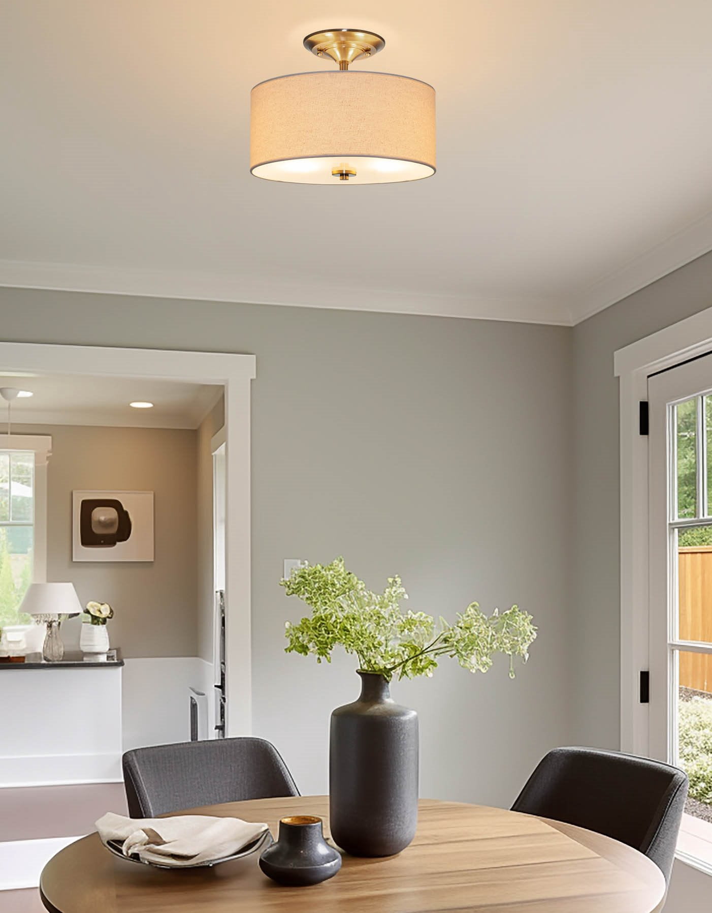 Kira Home Addison 13" Modern Drum Semi Flush Mount with Off-White Fabric Drum Shade, 2-Light Ceiling Light, Cool Brass