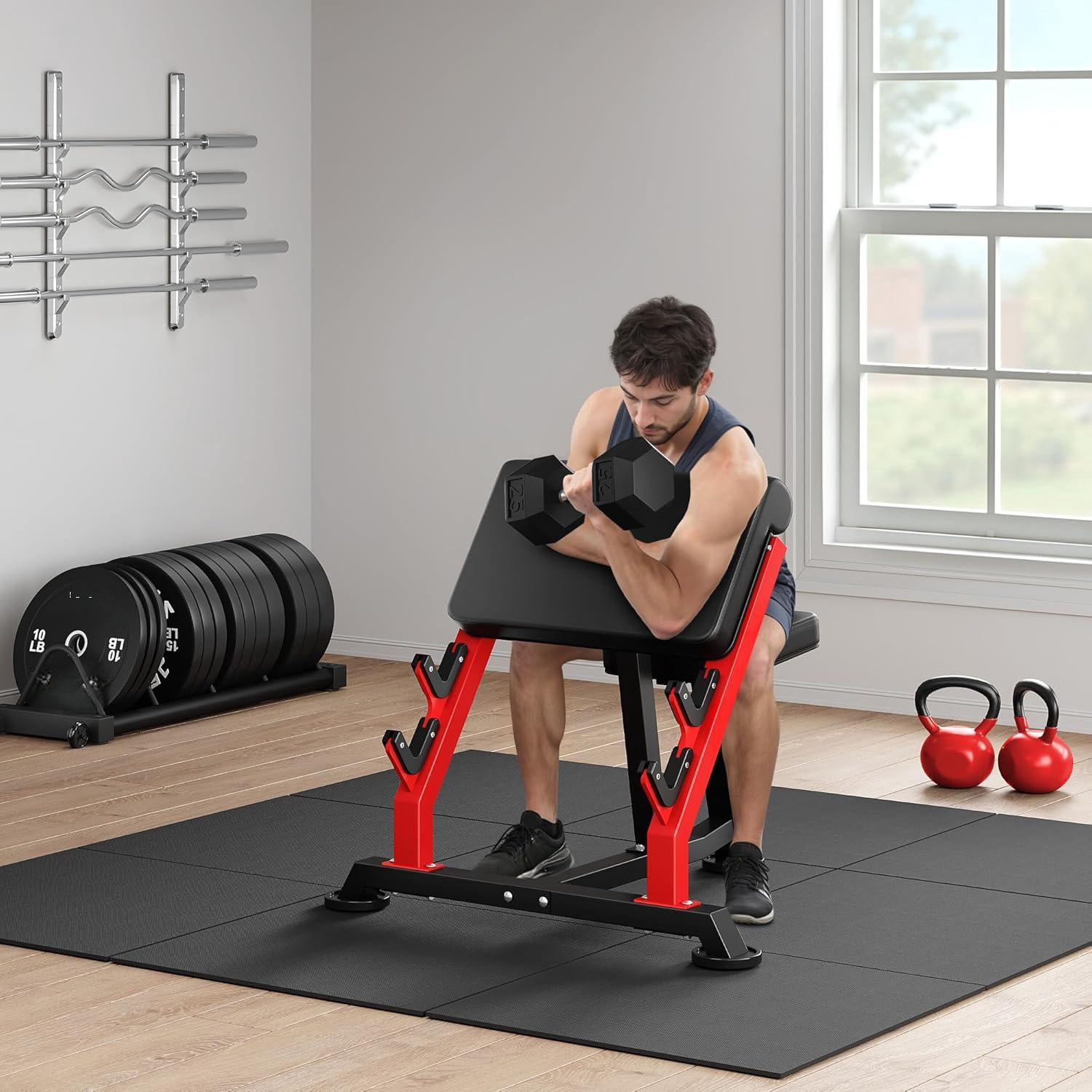 Preacher Curl Bench,Seated Arm Isolated Barbell Dumbbell Bicep Station for Arm Workout,Adjustable Bicep Curl Machine with 2 Bar Holders for Home Gym