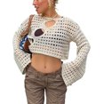 thumbnail image 2 of Top recortado Y2K para mujer Top corto de crochet de manga larga Top de rejilla transparente sexy beige L, 2 of 5