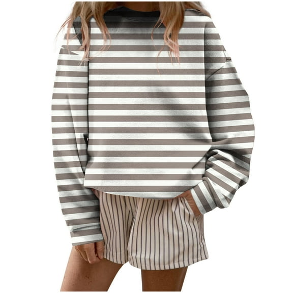HAPIMO Women's Fashion Striped Sweatshirts Relaxed Fit Long Sleeve Crewneck Pullover Tops Fall Casual Workout Blouses Gray L