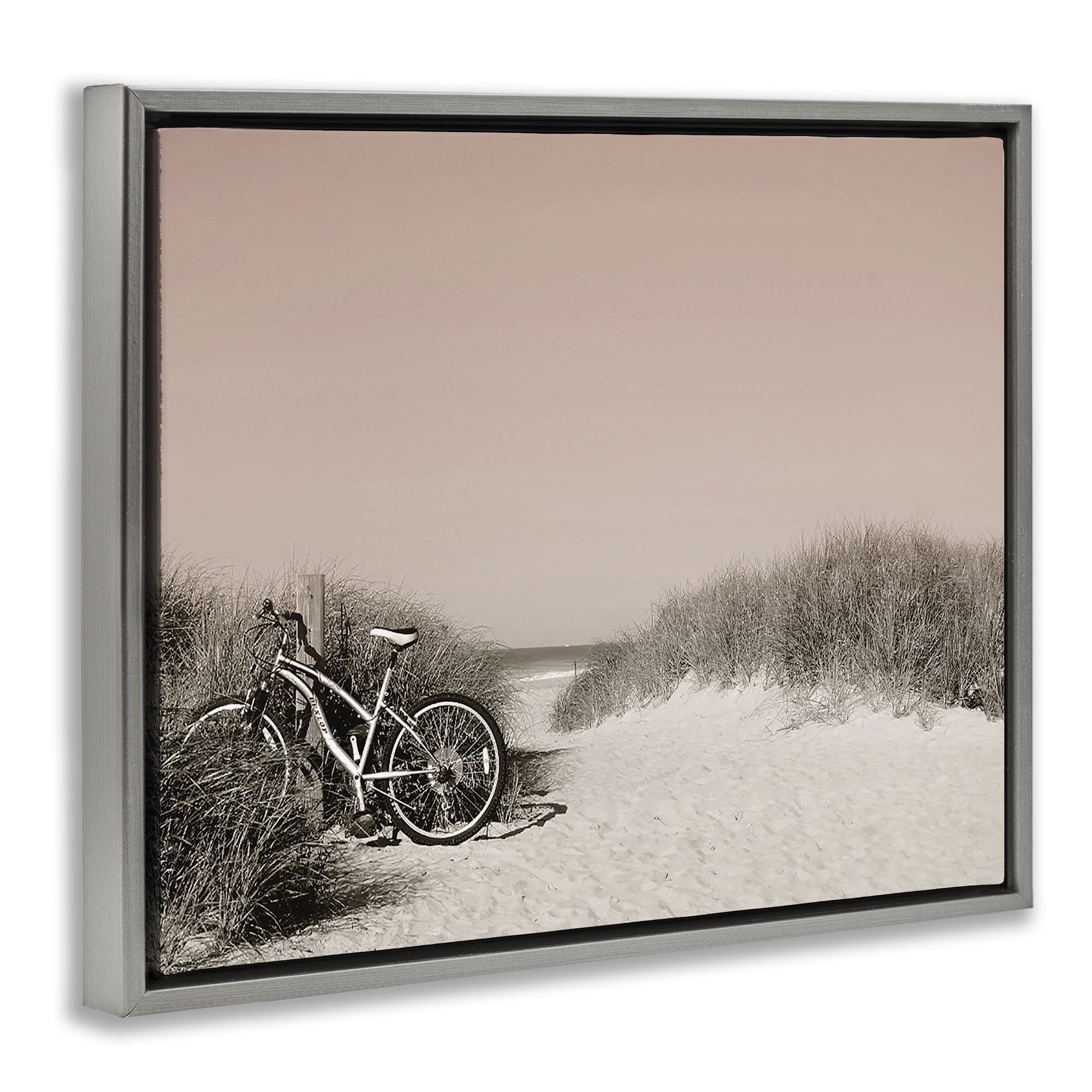 Stupell Industries Bicycle Ride Paused Nautical & Beach Photography Gray Floater Framed Canvas Art Print Wall Art, 21 x 17