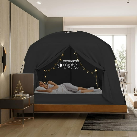 Bed Tents for Kids and Adult, Portable Breathable and 93% Blackout Toddler Play Tent, 3 Doors Big Privacy Space Sleeping Canopy for Floor or Twin Full Queen Sizes Bed (Black, Twin-Size)