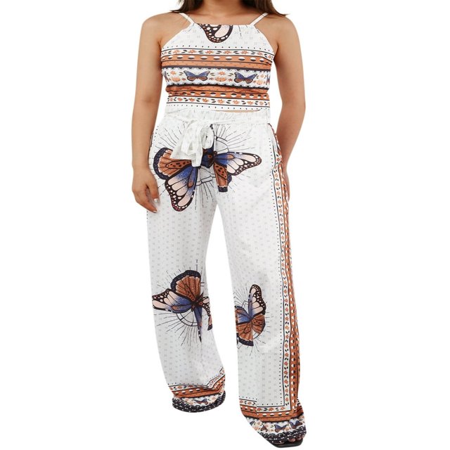 Ensemble de 2 Pcs Femme Camisole à Bretelles Spaghetti Papillon Pantalon Ample