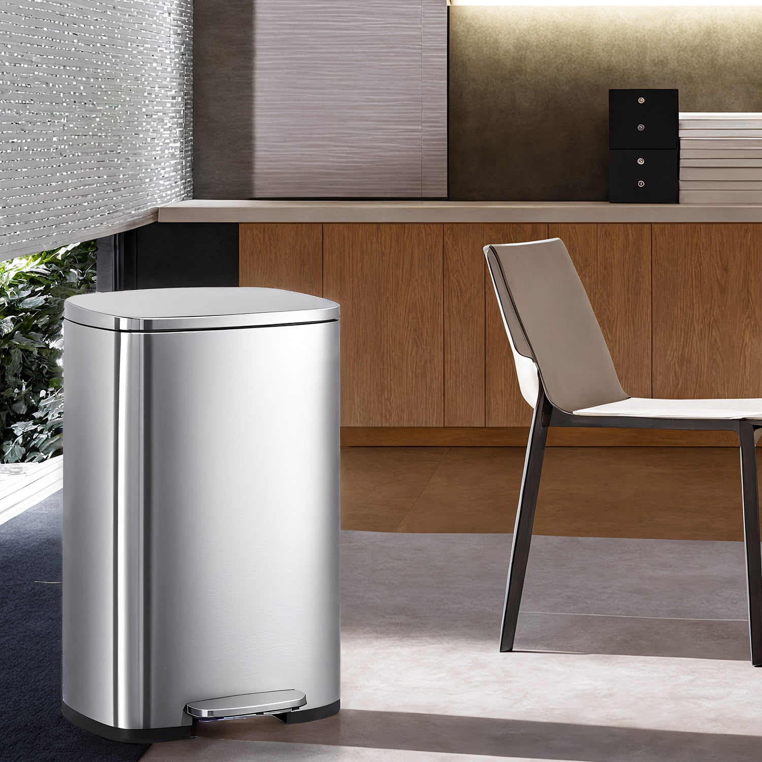 LEDREM Stainless Steel 13 Gallon Step Trash Can , Soft-Close Lid with Odor Seal & Inner Bucket , Kitchen Recycling Bin ,Silver
