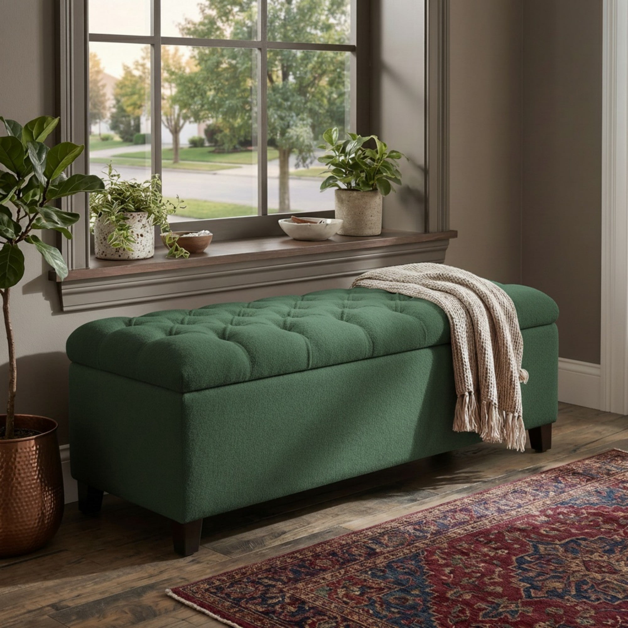 Sailvan 51" Upholstered Storage Ottoman Bench Boucle Entryway Bench with Wood Legs,End of Bed Seating for Bedroom,300lbs Cap Green
