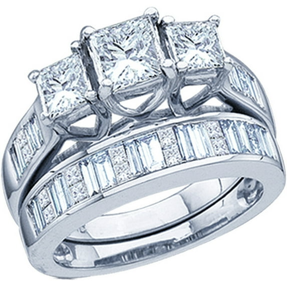 14kt White Gold Womens Princess Diamond 3-Stone Bridal Wedding Engagement Ring Band Set 2.00 Cttw