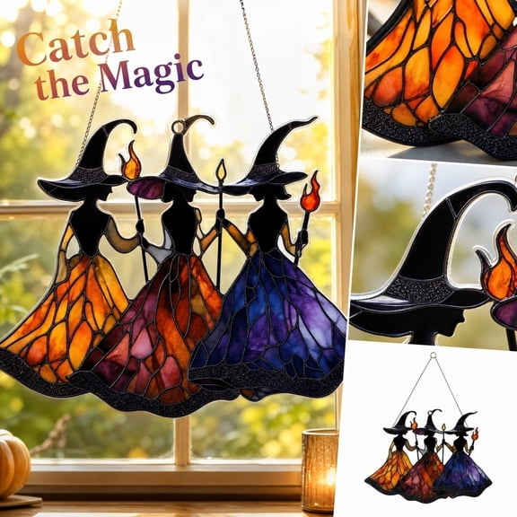Witch Sun Catcher for Window, Halloween Acrylic Hanging Decoration, Stained Glass Effect Suncatcher with Gradient Colors, Spooky Home Decor for Party, Fall Ornament Gift
