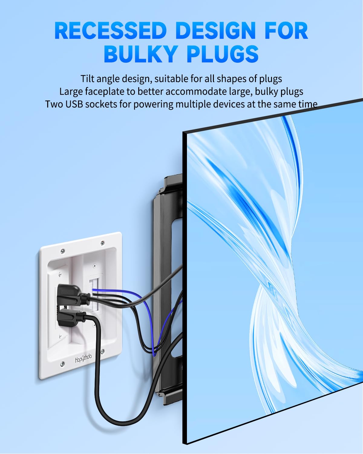Recessed Outlet with 2 AC & 2 USB, in Wall Cable Management Kit for TV, TV Cable Hider Wall Kit, Wall Cable Management for Low Voltage, TV Cord Hider for Wall Mounted TV