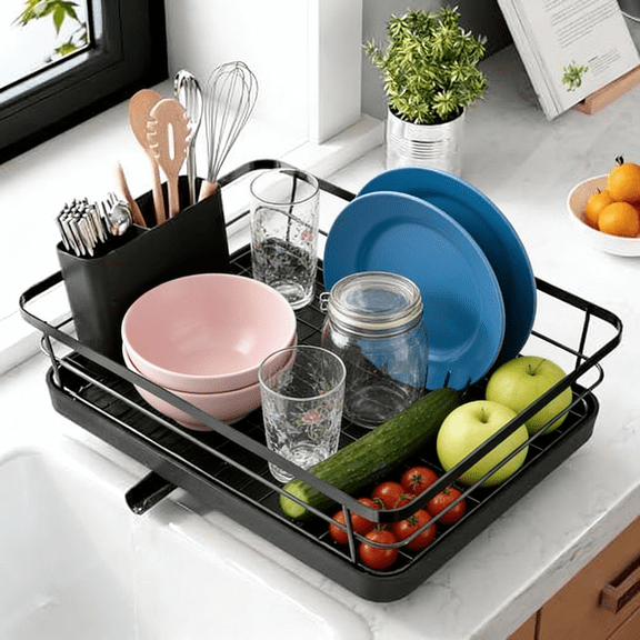 Dish Drying Rack for Kitchen Counter, Stainless Steel Sink Organization and Storage Essentials with Cutlery Holder, Home and Appartment Decor, 12''W x 15.5''L, Black