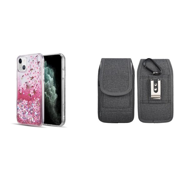 Liquid Glitter Case for iPhone 14 Plus and Belt Holster Pouch (Cherry Blossom/Gray)