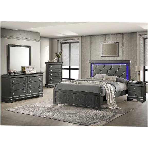 JERFIT 5-Piece Full Size Bedroom Set with LED Upholstered Headboard, 6-Drawer Dresser, Mirror, Nightstand & Chest, Modern Gray Wood Bedroom Furniture