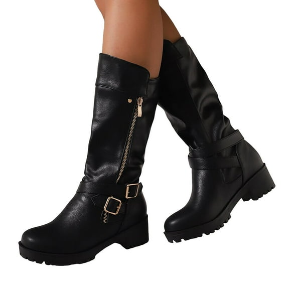 Platform Mid Calf Riding Boots for Women Fashion Slouchy Leather Round Toe Chunky Mid Heels Knee High Boots