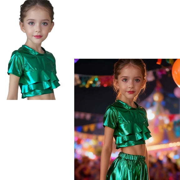 Kids Girls Short Sleeve Crop Top Shiny Metallic Dance T-Shirt Jazz Ballet Dance Performance 3-4 Years