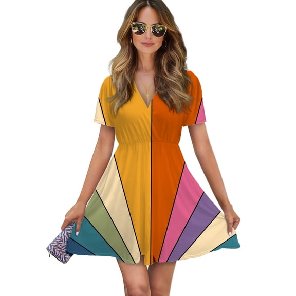70s Retro Gallery Women Dress V-Neck Short Sleeve Flowy Swing Party Midi Dress