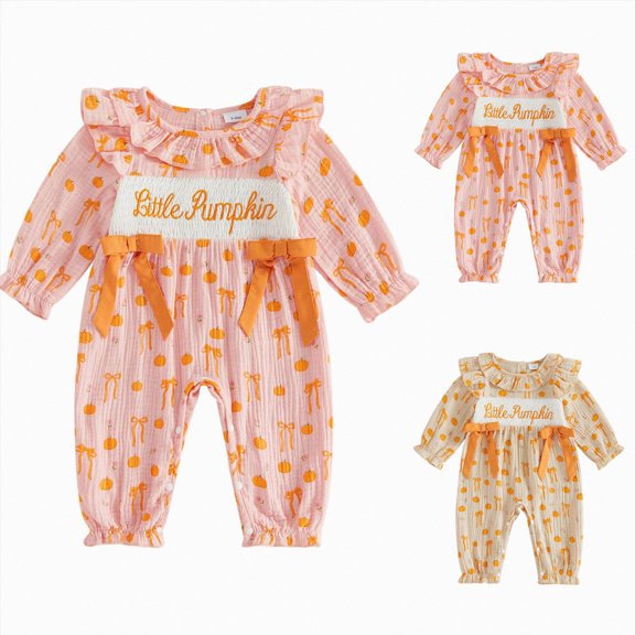 12-18 Months Newborn Baby Girls Bodysuits Halloween Long Sleeved Dress Cute Cartoon Print Bodysuits Beige