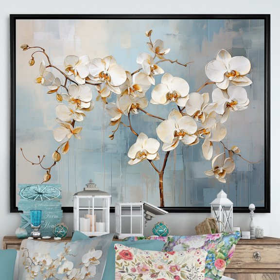 Designart "Blooming Beige And Gold Orchid I" Orchids Floater Framed Canvas Prints
