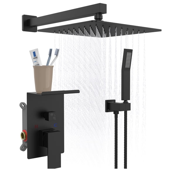 JERFIT 10" Matte Black Rainfall Shower System with Handheld Sprayer, Storage Rack & High Pressure Square Shower Head Combo, Wall Mount Luxury Faucet Set