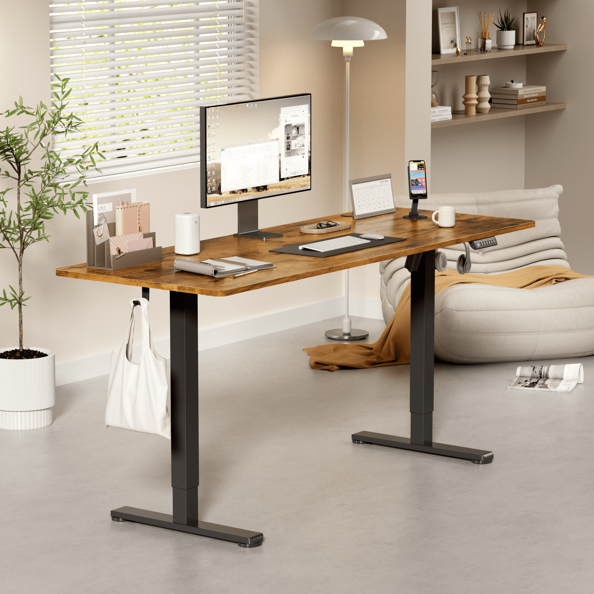 Lacoo 63" x 24" Sit to Stand Desk Height Adjustable Standing Desk Electric Stand up Table with Phone Stand, Rustic Brown