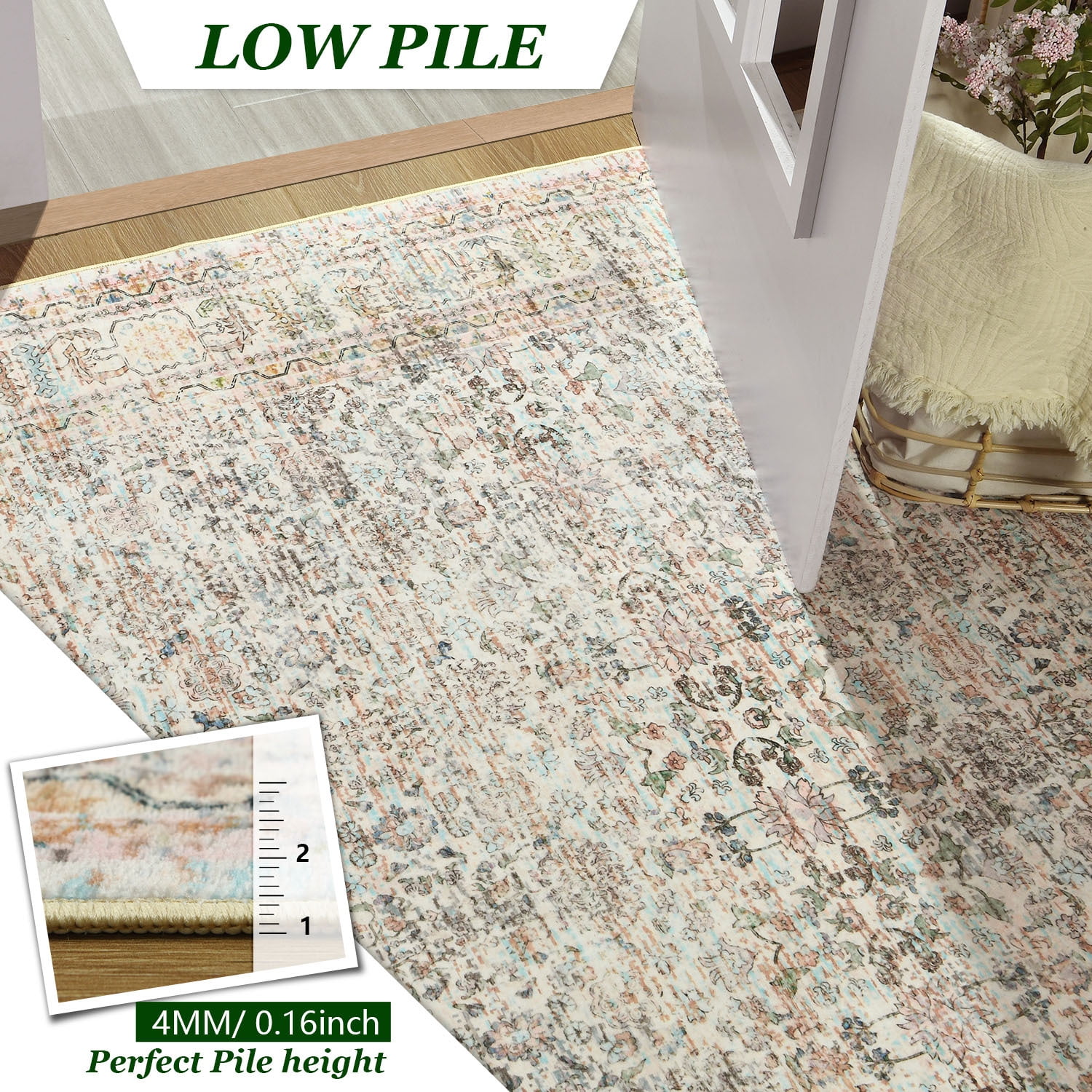 Wondo Floral Washable Rugs, 5x8 Area Rug for Living Room, Soft Large Boho Bedroom Rug, Botanical Non Slip Ultra Thin Floor Carpet for Dining Room Nursery Office, Light Yellow