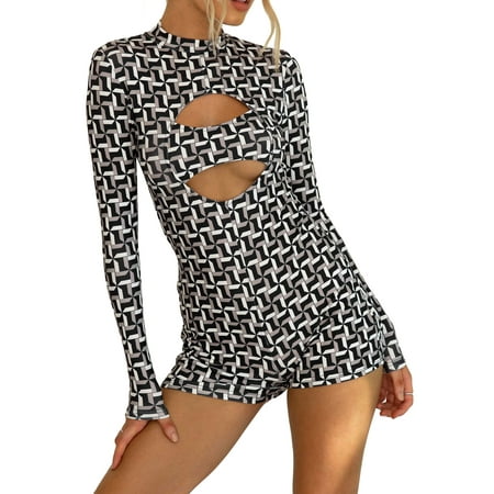 

Gwiyeopda Women Long Sleeve Bodycon Jumpsuit Print Buttons Overalls Playsuit One Piece