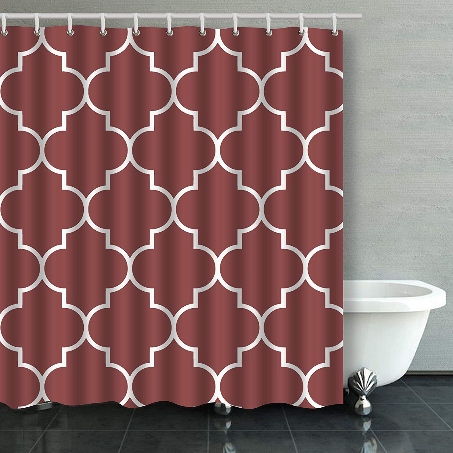 BPBOP White On Burgundy Moroccan Quatrefoil Bathroom Shower Curtain