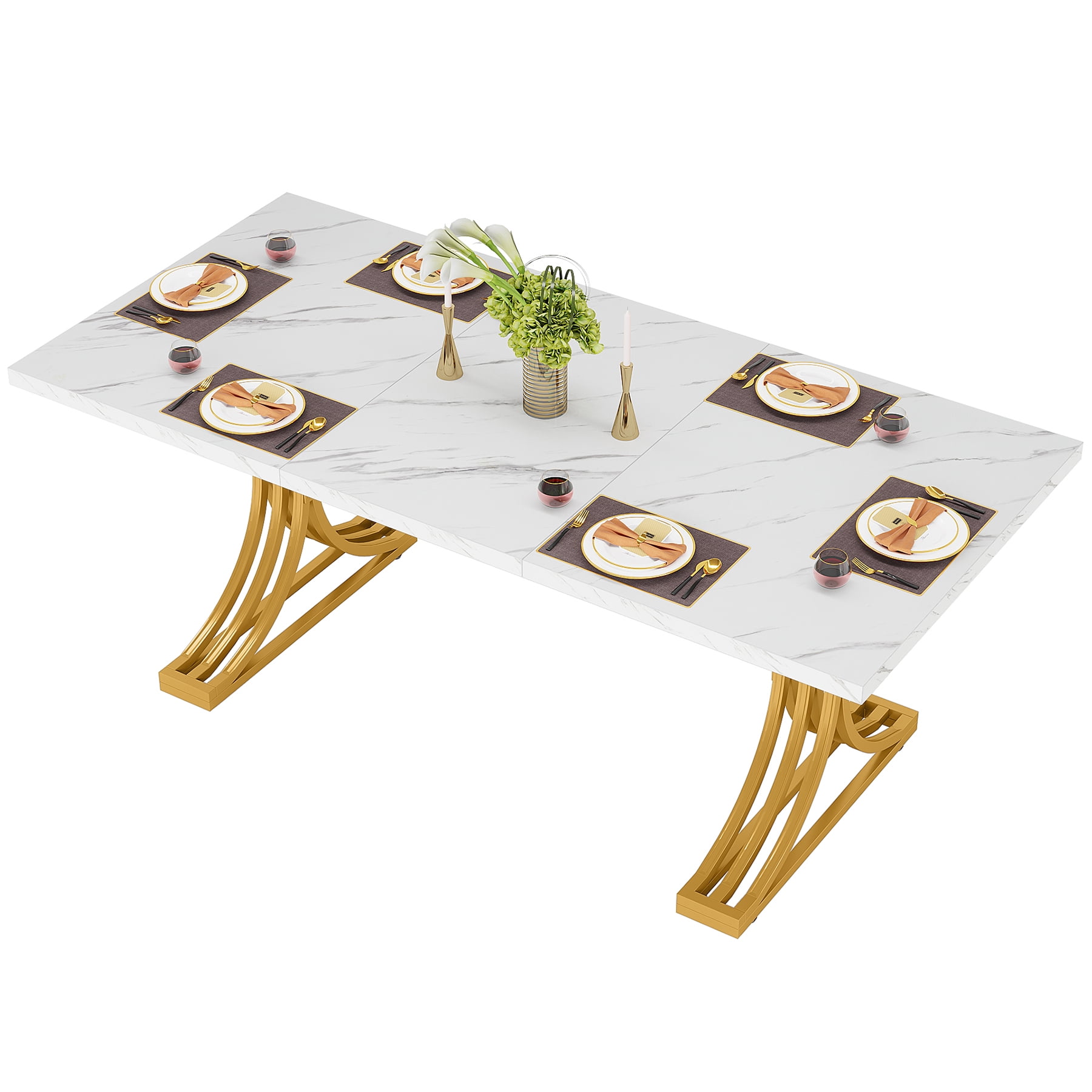 Fnova 63" Modern Dining Table, Rectangular White Faux Marble Top Kitchen Table, Stylish Metal Trestle Legs, Seats 4 to 6 for Dining Room & Kitchen, Living Room