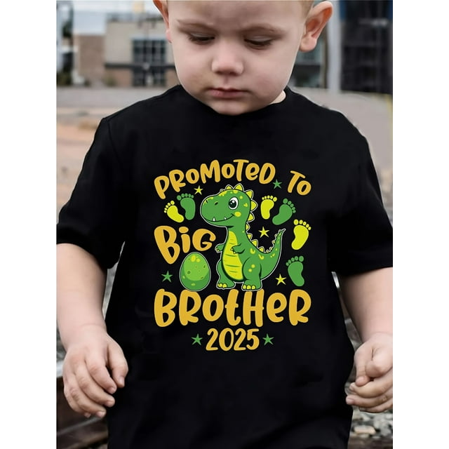 Camiseta gráfica de dinosaurio y Gran Hermano - Camiseta informal negra de cuello redondo y manga corta con divertido estampado de dinosaurio, perfecta para primavera/verano | Camiseta con temática