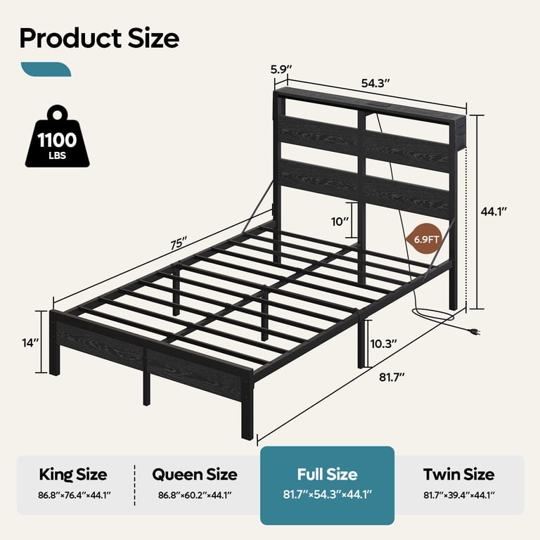 Bestier Full Size Platform Bed with LED Headboard, USB Charging, Black photo 2