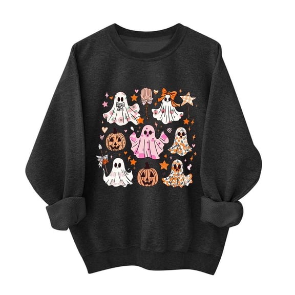 Risckoth Women's Halloween Sweatshirt Cute Character Grid Print Crew Neck Cuffed Sleeve Hoodless Pullover XS-XL