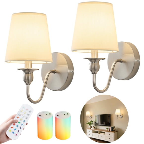 Battery Operated Wall Sconces set of Two,Rechargeable Wall Sconce with 1000mAh Dimmable Bulb and Remote,LED 15 Colors Wireless Ba