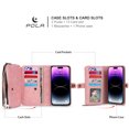 thumbnail image 4 of Dteck for iPhone 15 Pro, Zipper Pocket Wallet Case, Multifunction Magnetic Detachable PU Leather Card Slot Kickstand Case with Wrist Strap, Pink, 4 of 8