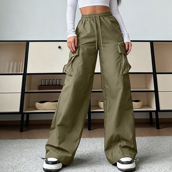Qodauz Cargo Pants Petite Women Elastic Waisted Wide Leg Hiking Pant Lightweight Drawstring Baggy Outdoor Athletic Trousers