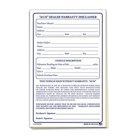 "As is" Dealer Warranty Disclaimer Form 2 Part Vehicle Sale Car Lot Auto Dealer Supplies