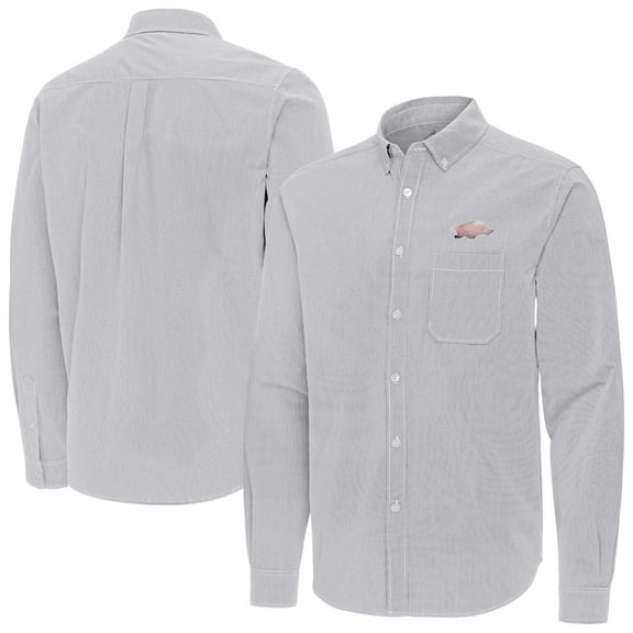 Men's Antigua Gray Arkansas Razorbacks Porter Woven Tri-Blend Long Sleeve Button-Down Shirt