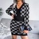 thumbnail image 2 of Vestido ajustado para mujer, cuello en V, manga larga, diseño de tablero de ajedrez, vestido de punto a la cadera para otoño e invierno, negro M, 2 of 7