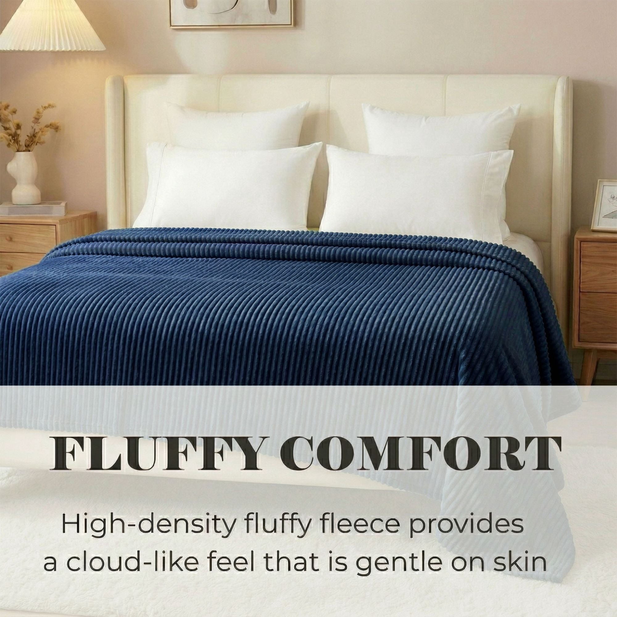 Superior Kacey Ribbed Fluffy Fleece Blanket, Twin Size, Navy Blue