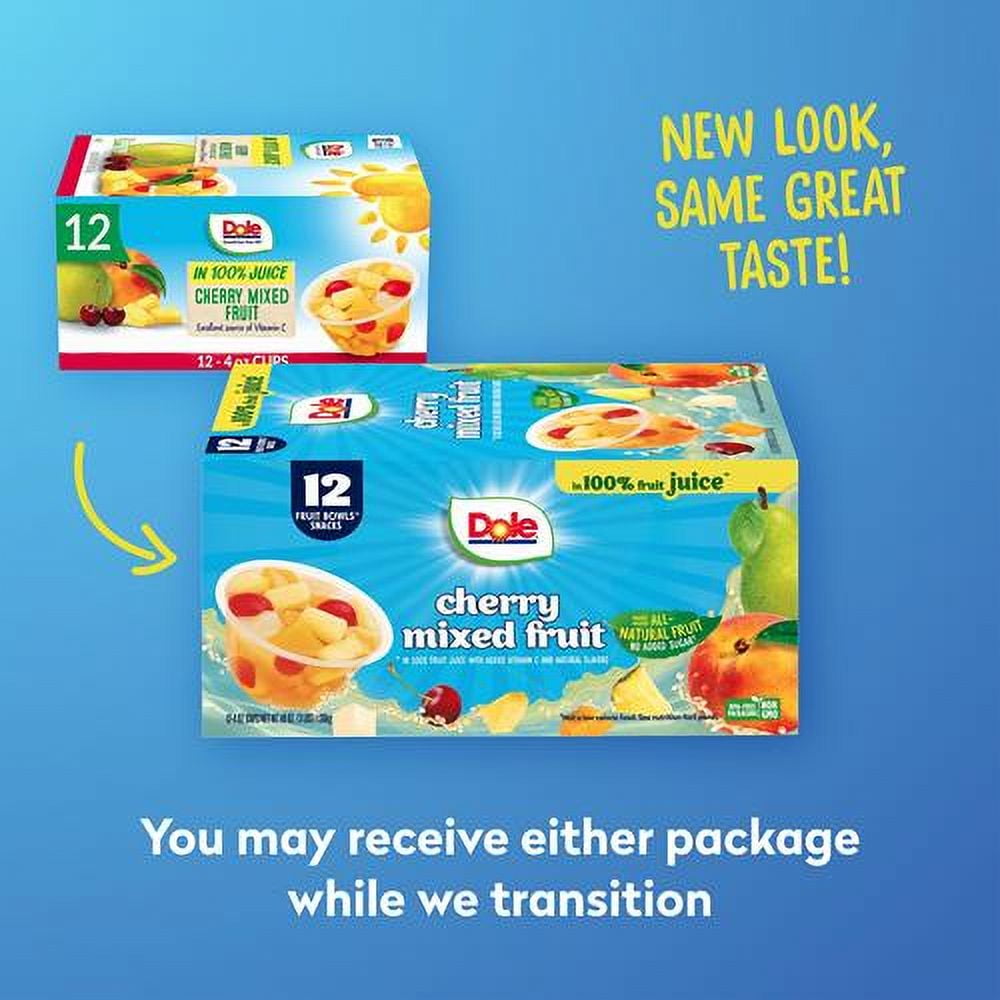 Dole Fruit Bowls Snacks Cherry Mixed Fruit In 100% Juice Snacks, 4Oz 12 Total Cups, Gluten & Dairy Free, Bulk Lunch Snacks For Kids & Adults - Pack of 2