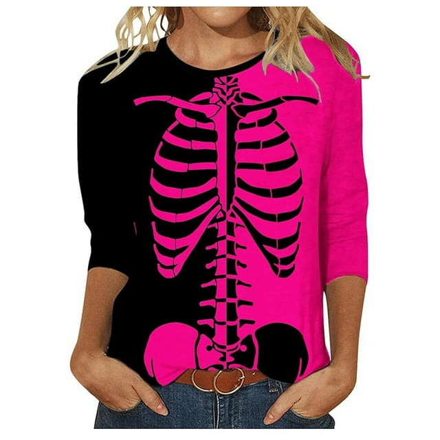 WEAIXIMIUNG T-Shirt Assorti pour Femmes, Imprimé Squelette, Col en V, Manches 3/4