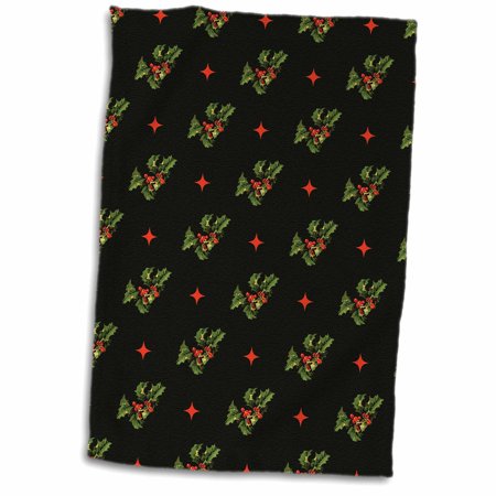 3dRose Christmas Pattern with Holly Leaves and Berries  Red stars On Green - Towel  15 by 22-inch