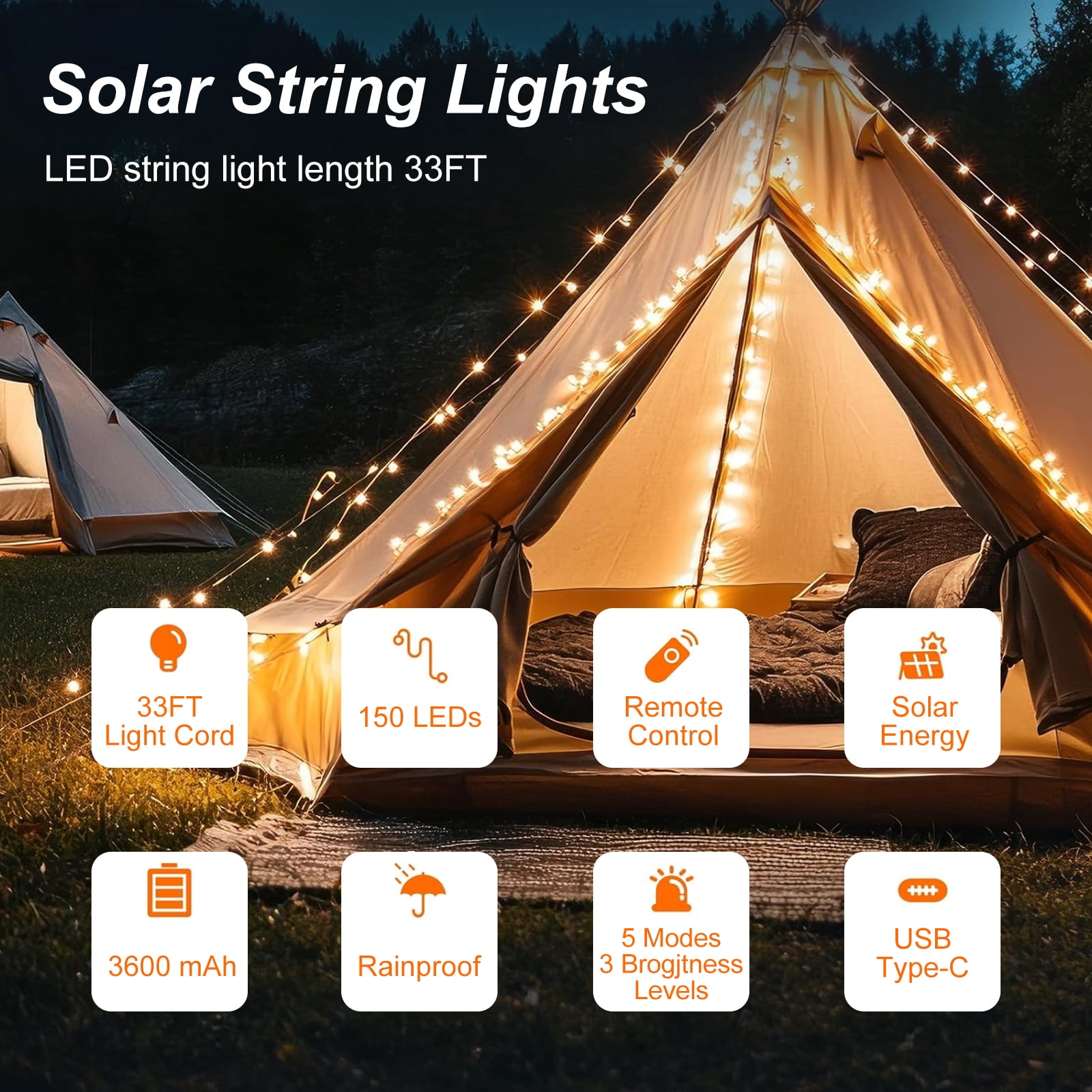 XL Solar Camping String Light, 32.8FT Rechargeable Waterproof LED Hanging Light for Outdoor