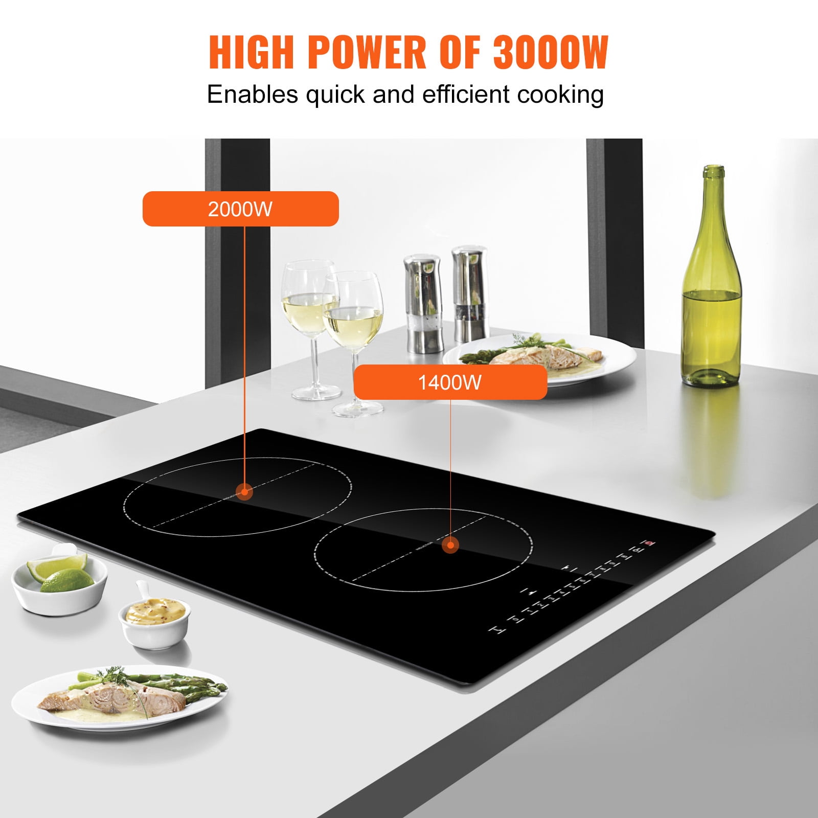 KFFKFF Induction Cooking Plate, Dual Burners, 12'' Magnetic Built-in Stove, 3000W Power, 9 Adjustable Heat Levels, LED Touch Display with Child Safety Lock & Overheat Protection