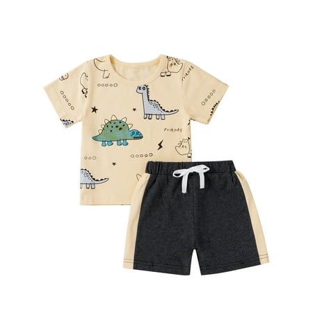 

Bmnmsl Boy T-shirt Set Round Neck Printed T-shirt Lace Up Short Pants