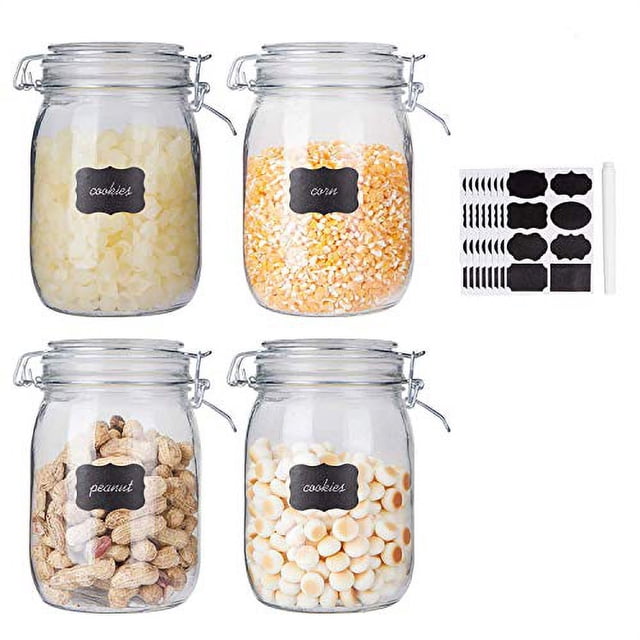 Glass Kitchen Storage Canister Mason Jars with Lids,32oz Airtight Glass Canister with Hinged Lid?Perfect for Kitchen Canning Cereal,Pasta,Sugar,Beans (Labels & Chalk Marker)-Set of 4