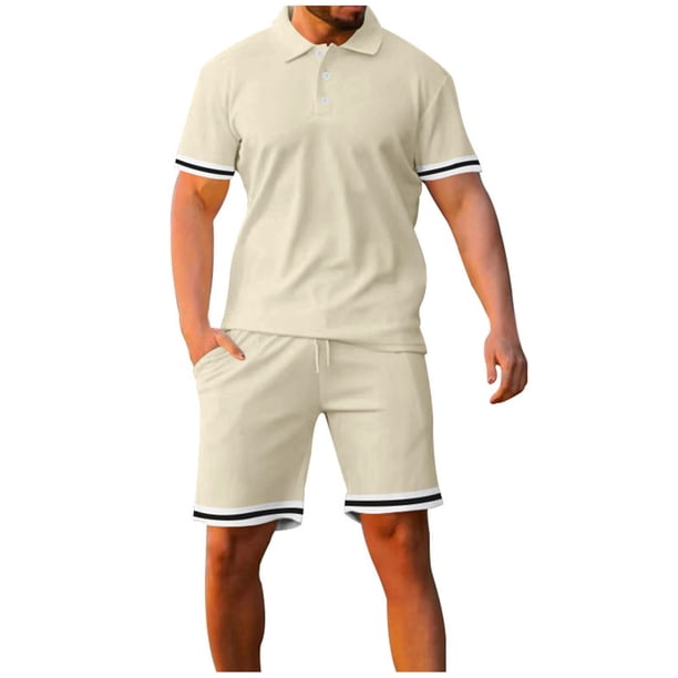 Conjunto Corto de Hombres, Moda Casual Color Sólido Manga Corta Cordón de Solapa Elástico Conjunto de Cintura