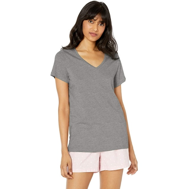 HUE T-Shirt de Nuit à Manches Courtes à Col en V pour Femmes 2X Gris Chiné Moyen