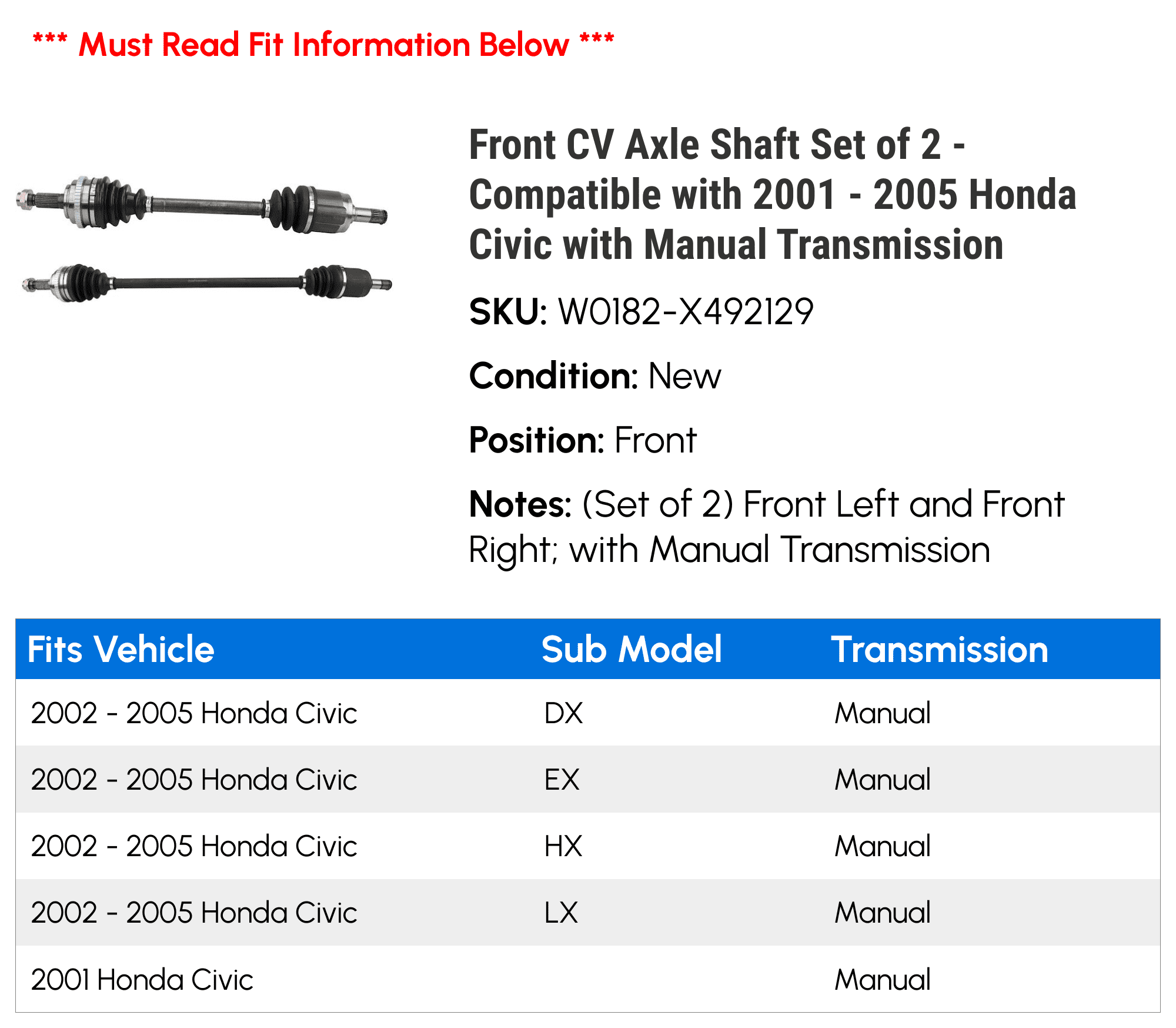 Front CV Axle Shaft Set of 2 - Compatible with 2001 - 2005 Honda Civic with Manual Transmission 2002 2003 2004