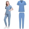 thumbnail image 4 of Vibrex Women Scrub Set Stretch Solid Color LooseAnkle Cuff Pants Pocket Caregiver Short Sleeve V-Neck Blouses Nursing Uniform Set Nurse Workwear with 10 Pockets, Unwrinkled Scrubs for Women, 4 of 7