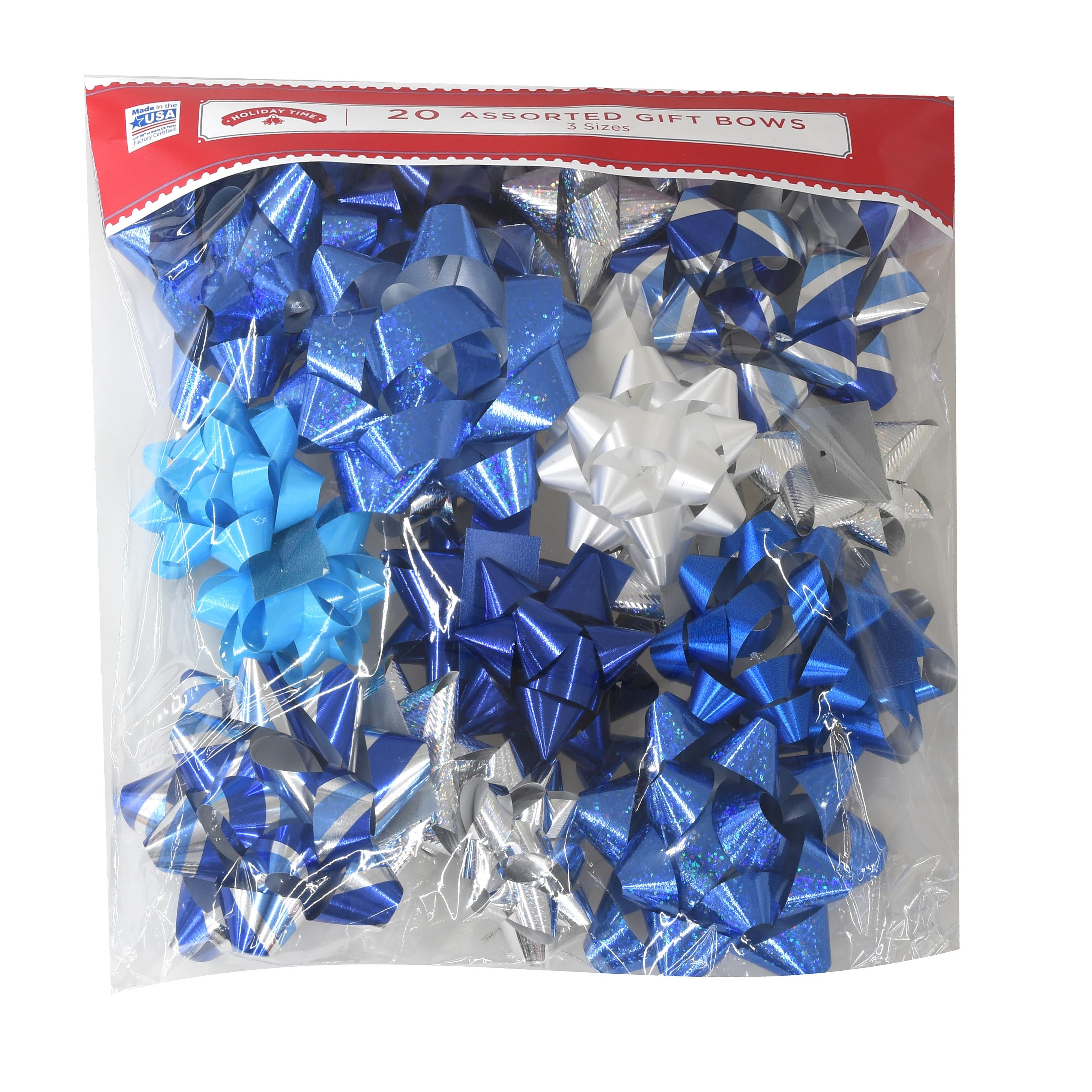 Holiday Time Assorted Gift Bows, Blue, Silver, &amp; White, 20 Count