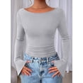 thumbnail image 4 of Women'S Long Sleeve Shirts Crop Going Out Tops Casual Boat Neck Bell Sleeve Ruched Light Gray M, 4 of 9